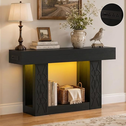 Unikito 47" Console Table with Outlets & LED Lights, Farmhouse Entryway Table with Unique Lattice Geometric Pattern, Sofa Table Behind Couch with 2-Tier Storage for Living Room, Hallway, Foyer, Black