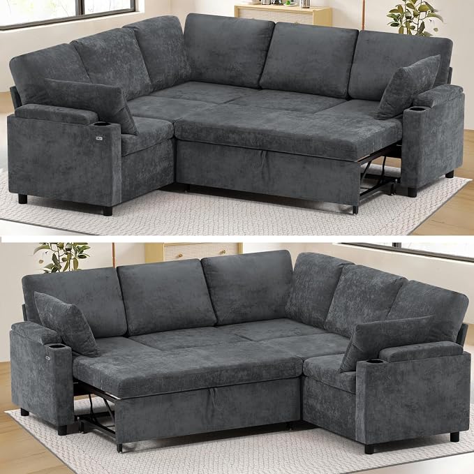 85" Chenille Sectional Sofa w/Pull Out Bed & Storage Space, Grey | Upholstery L Shaped Couch w/Cup Holders, Modern Corner Sofa w/USB Charging Port & Throw Pillow for Living Room