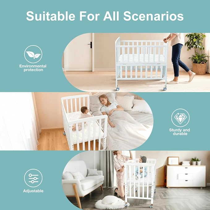 Flwrgirl Mini Baby Crib with Mattress,Portable Bedside Sleeper & Bassinet,6 Adjustable Heights,Wood Nursery Crib with Locking Wheels,Compact Baby Bed for Newborns & Infants,White