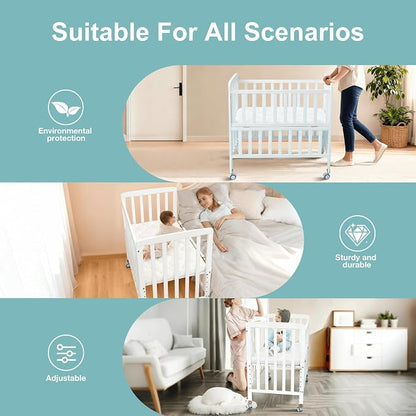 Flwrgirl Mini Baby Crib with Mattress,Portable Bedside Sleeper & Bassinet,6 Adjustable Heights,Wood Nursery Crib with Locking Wheels,Compact Baby Bed for Newborns & Infants,White