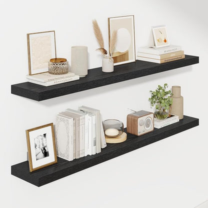 Fun Memories 55 Inch Floating Shelves for Wall, Fireplace Mantel Shelf with Invisible Heavy Duty Bracket, 8 Inch Deep Storage Shelf for Living Room, Kitchen, Farmhouse, Black (2-Pack)