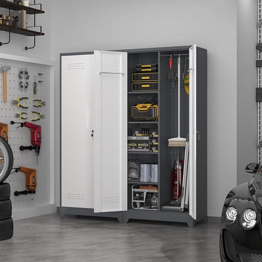 72.8" H Metal Garage Storage Cabinets with Doors and Shelves, Broom Closet Storage Cabinet, Tool Cabinets with Hanging Rod, Cleaning Storage Cabinets for Garage, Office, Laundry Room