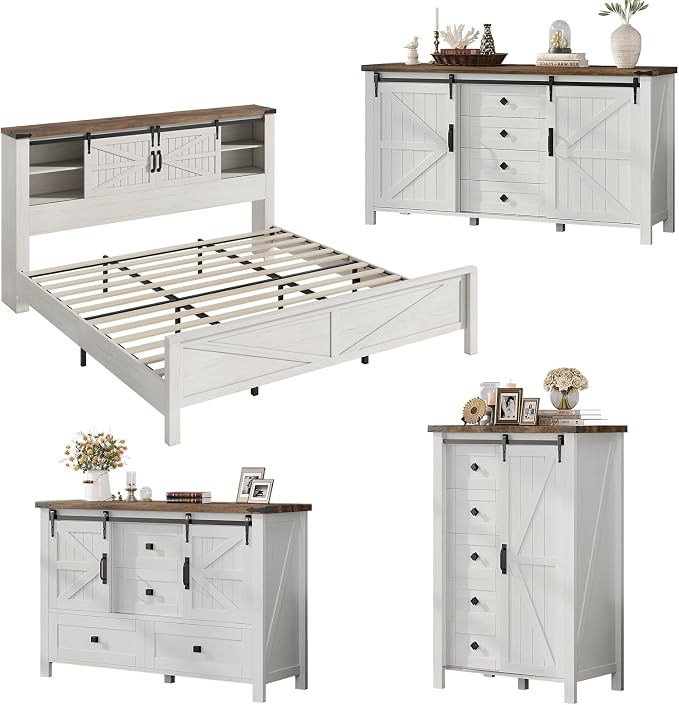 AMERLIFE 4-Piece Farmhouse Bedroom Set in Distressed White, King Size Bed Frame with Bookcase Headboard, 5-Drawer Tall Dresser, 47'' Dresser with 4 Drawers, 60" Dresser with 4 Drawers
