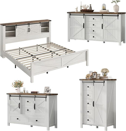 AMERLIFE 4-Piece Farmhouse Bedroom Set in Distressed White, King Size Bed Frame with Bookcase Headboard, 5-Drawer Tall Dresser, 47'' Dresser with 4 Drawers, 60" Dresser with 4 Drawers