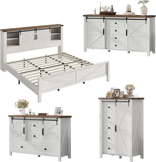 AMERLIFE 4-Piece Farmhouse Bedroom Set in Distressed White, King Size Bed Frame with Bookcase Headboard, 5-Drawer Tall Dresser, 47'' Dresser with 4 Drawers, 60" Dresser with 4 Drawers