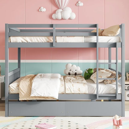 Full Over Full Bunk Bed with Storage Drawers,Convertible Bunk Beds with Ladder & Safety Guardrails,Full Size Bunk Beds for Kids Girls Boys,Grey