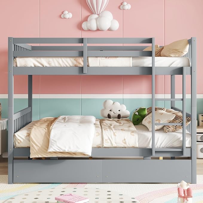 Harper & Bright Designs Full Over Full Bunk Bed with 2 Drawers, Convertible into 2 Beds, Bunk Bed with Ladder and Safety Guardrails, Gray