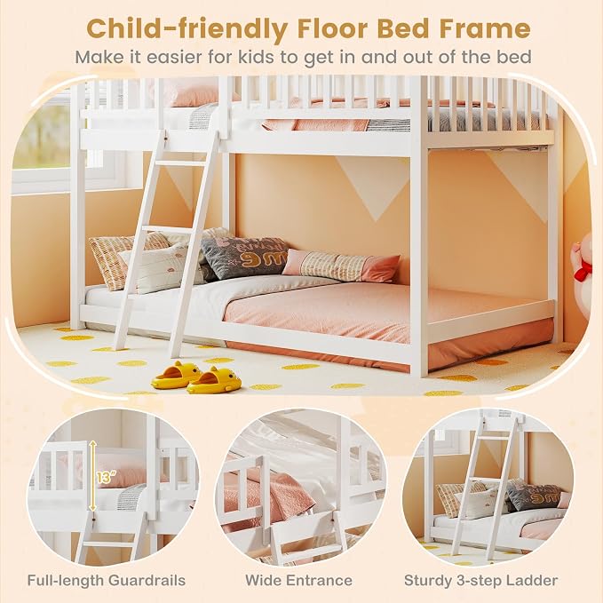 Giantex Twin Over Twin House Bunk Bed, Low Loft Bed Frame with Roof, Wood Bunk Bed with Ladder & Full-Length Guardrails, Twin Floor Bed for Kids Teens Boys Girls, No Box Spring Needed (White)