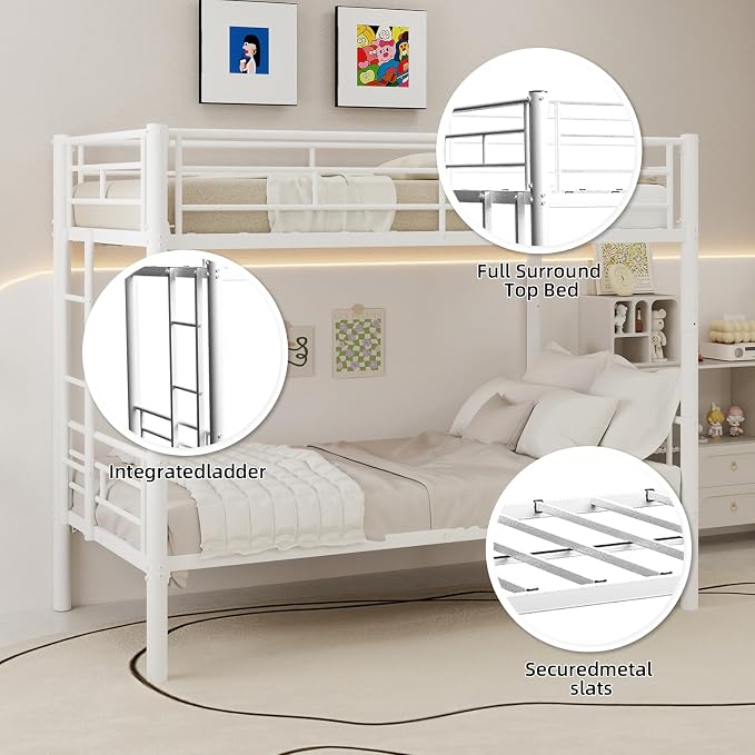 Metal Twin Over Twin Bunk Bed, Heavy-Duty Metal Bunk Bed, Noise Reduced Design/Safety Guardrail/2 Side Ladders/No Box Spring Needed (White)
