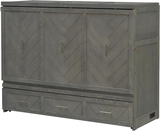 Bellemave Queen Size Murphy Bed with Charging Station and Storage, Farmhouse Murphy Bed with Foldable Panel for Guest Bedroom, Living Room, Office, Grey
