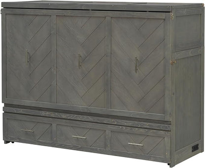 Bellemave Queen Size Murphy Bed with Charging Station and Storage, Farmhouse Murphy Bed with Foldable Panel for Guest Bedroom, Living Room, Office, Grey