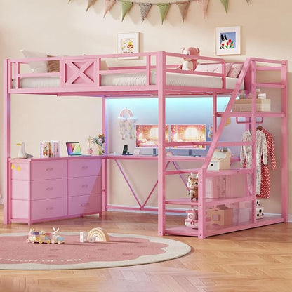Itaar Full Size Loft Bed with Desk and Storage Stairs, Metal Loft Bed with 6 Storage Drawers, Hall Tree, LED Lights and Power Outlet, for Kids, Teens, Adults, Pink