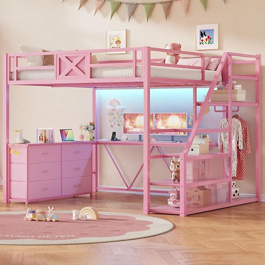 Itaar Full Size Loft Bed with Desk and Storage Stairs, Metal Loft Bed with 6 Storage Drawers, Hall Tree, LED Lights and Power Outlet, for Kids, Teens, Adults, Pink