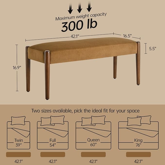 Usaint 42" End of Bed Bench, Modern Upholstered Bedroom Bench with Rubberwood Legs, Entryway Bench with Cushion, Dining Bench for Living Room, Bedroom, Caramel Orange with Walnut Leg