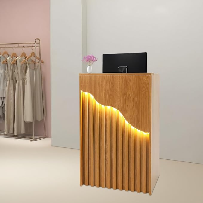 CNCEST L-Shaped Small Space Reception Desk with Locking Storage & LED Light, Modern Oak Front Desk Checkout Counter for Hotel, Shop, Beauty Salon, Office