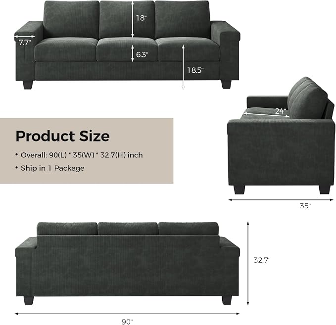 COPIAE 3 Seater Sofa Couch with Deep Seat, 90" Modern Upholstered Sofa with Armrests, Easy Installation, Comfy Couches for Living Room, Apartment,Dark Gray