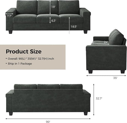 COPIAE 3 Seater Sofa Couch with Deep Seat, 90" Modern Upholstered Sofa with Armrests, Easy Installation, Comfy Couches for Living Room, Apartment,Dark Gray