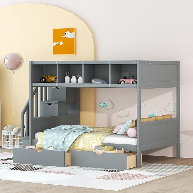 MERITLINE Twin Over Full Bunk Bed with Stairs, Storage Shelves and Drawers, Solid Wood Bunk Bed Frame with Storage, for Teens Adults (Grey)