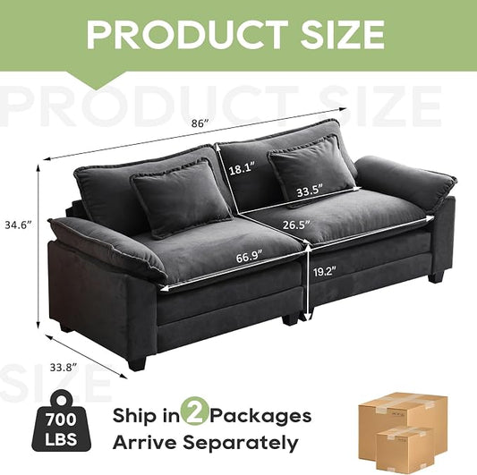Oprisen 86" Modular Sectional Sofa, Comfy Cloud Couch Sectional Sofa with Ottoman, Velvet Sofa Sleeper Deep Seat Sofa with Throw Pillows for Living Room (Blue Gray, 86"- Loveseat)