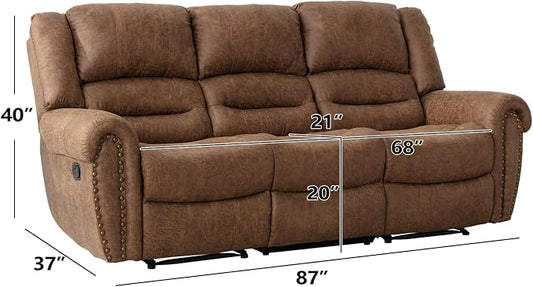 CANMOV Faux Leather Manual Reclining Sofa,3 Seat Recliner Couch Sofa with Overstuffed Comfortable Arms and Back for Living Room,Office,Nut Brown