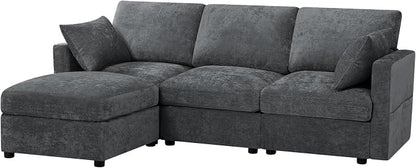 84” Chenille 3-Seats Sofa W/Movable Ottoman, Grey | Modern Fabric L-Shaped Couch w/Soft Backrests, Upholstered Sectional Sofa w/Arm Pillows for Living Room