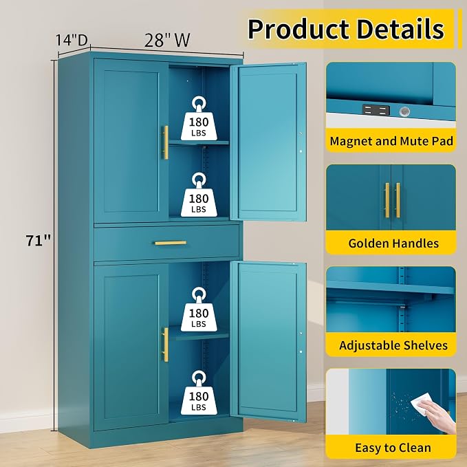 Metal Kitchen Pantry Cabinet, 71"Tall Cabinet with 1 Drawer, Doors and 2 Adjustable Shelves, Pantry Cabinets for Kitchen Storage, Metal Storage Cabinet for Kitchen, Dining Room, Living Room- Blue
