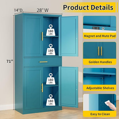 Metal Kitchen Pantry Cabinet, 71"Tall Cabinet with 1 Drawer, Doors and 2 Adjustable Shelves, Pantry Cabinets for Kitchen Storage, Metal Storage Cabinet for Kitchen, Dining Room, Living Room- Blue
