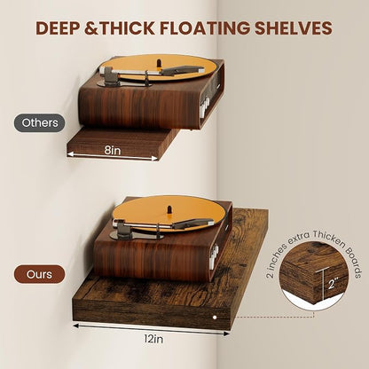 Vivelove 12" Deep Floating Shelves Over Toilet, 24" Wall Shelves for Bathroom Bedroom Kitchen Living Room Laundry Room, Farmhouse Rustic Shelves for Home Decor, 24" X 12" X 2" Set of 2, Rustic Brown