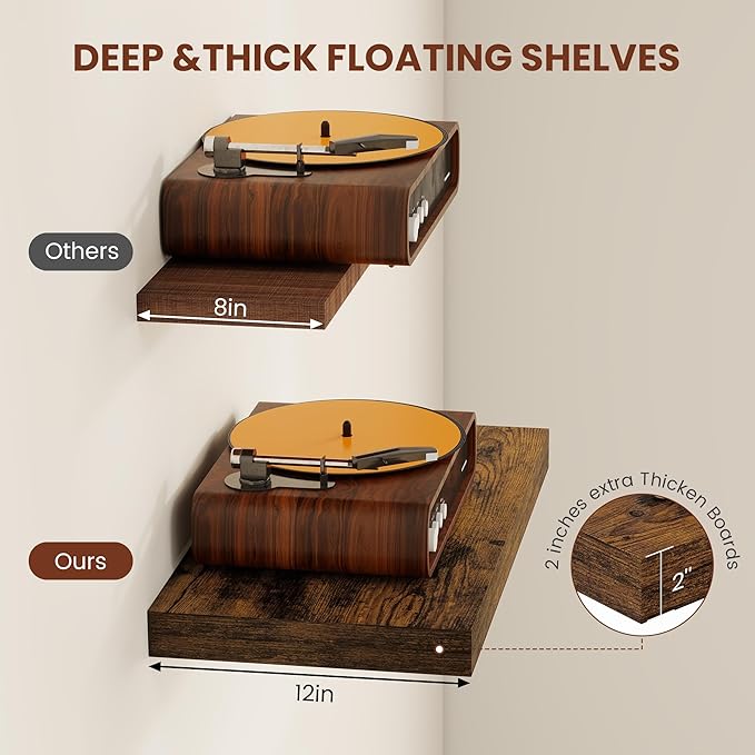 Vivelove 12" Deep Floating Shelves for Wall 55" Long, Wall Shelves for Living Room Bedroom Bathroom Kitchen Laundry Room, Farmhouse Rustic Shelves for Home Decor, 55" X 12" X 2" Set Of 2, Rustic Brown