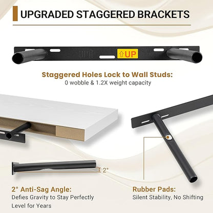 Vivelove White Floating Shelves Over Toilet 12 Inches Deep, 16x12 Floating Shelves for Wall with Invisible Brackets, Room Shelves for Living Room Bedroom Bathroom Kitchen Office, Set of 2