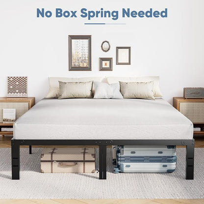 Sweetcrispy King Bed Frame - Heavy Duty No Box Spring Needed Metal Platform Bedroom Frames with Storage Space, 14 Inches High, Sturdy Steel Slat Support, Black