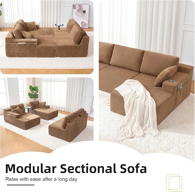 130" U-Shaped Modular Sectional Sofa with Chaise, Boneless Corduroy Flexible Module Seating for Living Room, Cloud Couch with Cup Holders and Side Pockets, No Assembly (Brown)
