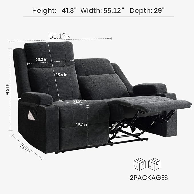 55" RV Loveseat Recliner – Space-Saving Double Reclining RV Sofa, Compact Theater Seating with Cup Holders & Storage Pocket, Black Chenille Couch for Camper, Motorhome & Home Theater