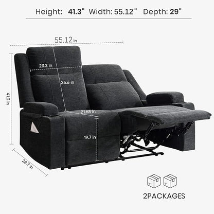 55" RV Loveseat Recliner – Space-Saving Double Reclining RV Sofa, Compact Theater Seating with Cup Holders & Storage Pocket, Black Chenille Couch for Camper, Motorhome & Home Theater