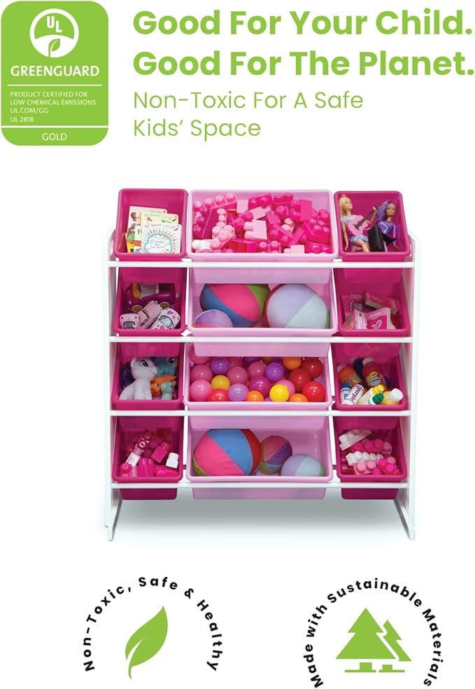 Delta Children Kids Toy Storage Organizer with 12 Plastic Bins - Greenguard Gold Certified, White/Pink