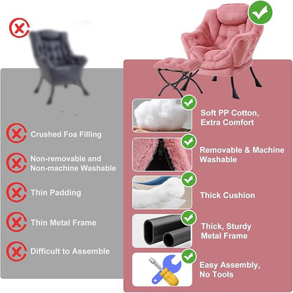 Furlide Lazy Chair with Ottoman, Modern Accent Chair with Armrests and a Side Pocket, Plush Dark Pink Accent Chairs, Reading Chairs, Oversized Armchairs for Bedroom, Study, Living Room, Courtyard
