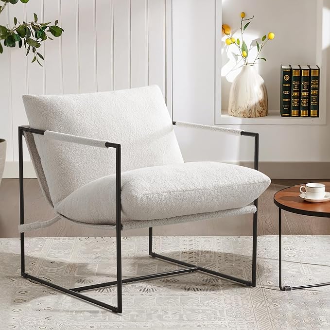 Furnilivng Large Sling Accent Chair, Comfortable Boucle Fabric Arm Chair, Upholstered Cozy Reading Chair for Living Room, Bedroom, Dressing Room, Home Office (White, Set of 1)