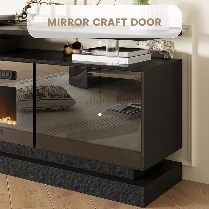 90" Fireplace TV Stand, Modern Entertainment Center for TVs Up to 100”, TV Console with Storage Cabinets, Media Console for Living Room, WiFi Enable Black TV Stand and Black Fireplace