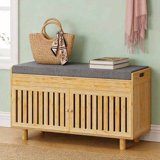 oakvivo Bamboo 35.4in Shoe Storage Bench with Lift Top Storage & Padded Seat Cushion, 2-Tier Shoe Rack Cabinet with 2 Doors for Entryway, Living Room, Bedroom, Mudroom, Natural