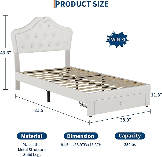 Garvee Twin XL Size Bed Frame with LED Lights & Velvet Crystal Button Headboard, Upholstered Boy/Girl Platform Bed with Storage Drawer, Noise Free, No Box Spring Needed for Kids, Teens, Beige