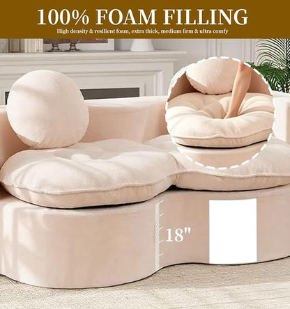 75” Full Size Convertible Sleeper Sofa Bed, Boneless Folding Futon Loveseat Sofa with 2 Pillows, High Density Foam Compressed Foldable Guest Couch for Living Room Apartment (Beige Teddy Velvet)