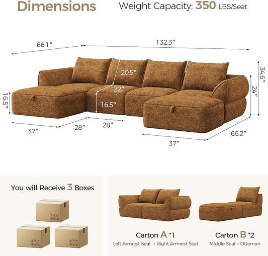 132" Modular Sectional Sofa with Deep Seat, U-Shaped Cloud Couch for Living Room, 4-Seater Boneless Sofa with 2 Ottomans, Flexible Combination Modern Upholstery Sofa, No Assembly Required, Orange