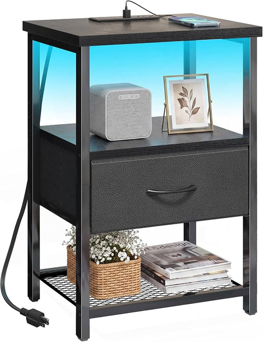 Fixwal Night Stand with Charging Station, LED Nightstand Side Table with Fabric Drawers PU Finish, End Tables Bedroom, Bedside Table, Black