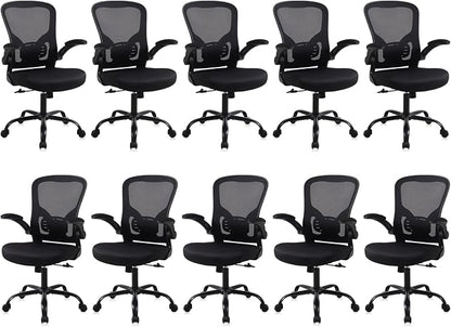 Flysky Mesh Office Chair, Ergonomic Computer Desk Chairs for Home Office - with Comfy/Comfortable Flip-up Arm Rests, Lumbar Support, Height Adjustable, 360 Degree Rolling Swivel (Black, 10 Pack)