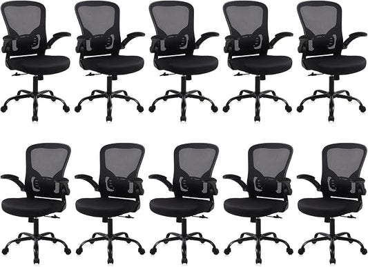 Flysky Mesh Office Chair, Ergonomic Computer Desk Chairs for Home Office - with Comfy/Comfortable Flip-up Arm Rests, Lumbar Support, Height Adjustable, 360 Degree Rolling Swivel (Black, 10 Pack)