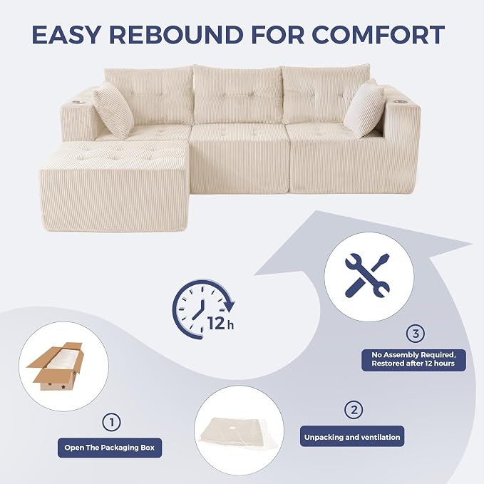 MAXYOYO Modular Sectional Sofa Couch, L Shaped Modern Cloud Couch with 1 Ottoman, Sofa in A Box, Tufted 4-Seat Boneless Chair for Living Room, No Assembly Required, Beige