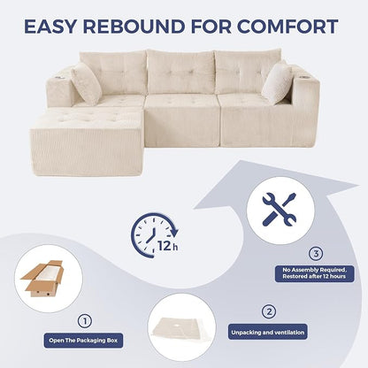 MAXYOYO Modular Sectional Sofa Couch, L Shaped Modern Cloud Couch with 1 Ottoman, Sofa in A Box, Tufted 4-Seat Boneless Chair for Living Room, No Assembly Required, Beige