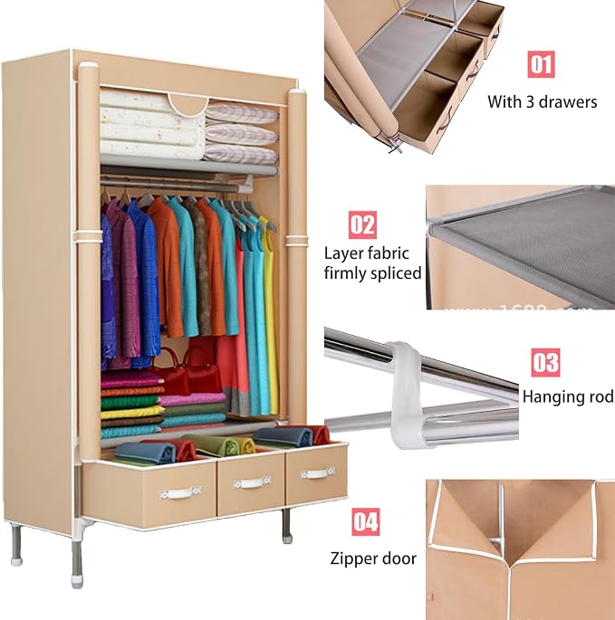 Portable Wardrobe Closet,Foldable Clothes Organizer with 3 Storage Box 35in Simple Non-Woven Fabric Wardrobe Multi-Functional Storage Cabinet with Cover and Hanging Rod-Khaki