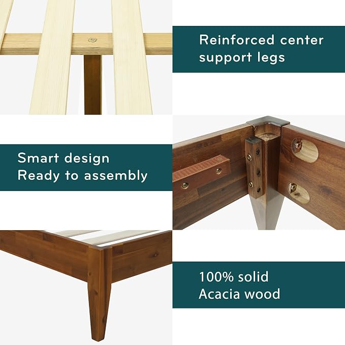 Acacia Mervyn Sturdy King Size Bed Frame Solid Wood Platform Bed, King Bed Frame 800 lbs Capacity, Mid Century Signature Wood Bed Compatible with All Mattresses, Non-Slip and Noise-Free, Caramel
