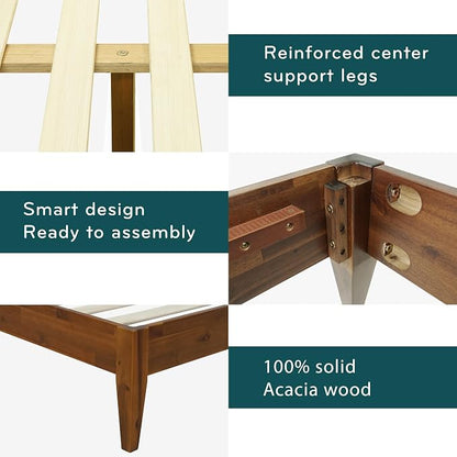 Acacia Mervyn Sturdy King Size Bed Frame Solid Wood Platform Bed, King Bed Frame 800 lbs Capacity, Mid Century Signature Wood Bed Compatible with All Mattresses, Non-Slip and Noise-Free, Caramel